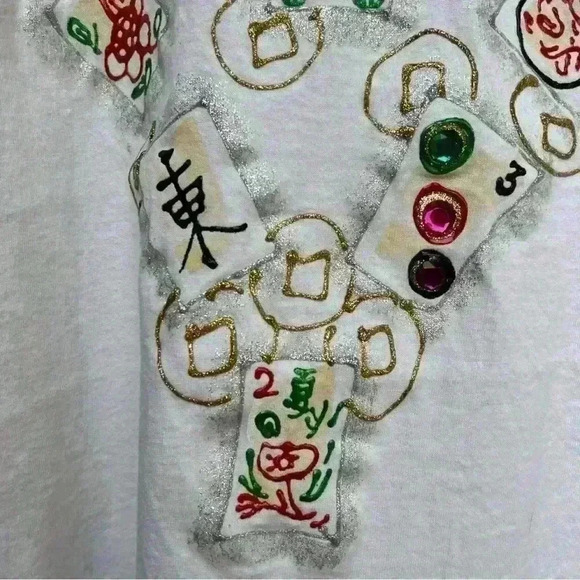 Vintage 80s 90s Bedazzled Handmade Oversized Mahjong Tee T shirt XL - Picture 4 of 10